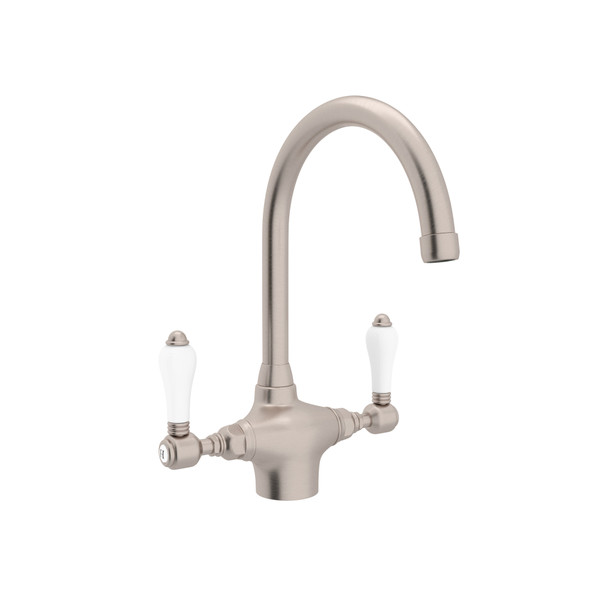 San Julio Single Hole C-Spout Kitchen Faucet - Satin Nickel with White Porcelain Lever Handle | Model Number: A1676LPSTN-2 - Product Knockout