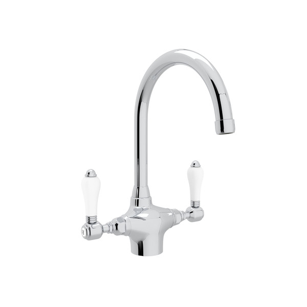 San Julio Single Hole C-Spout Kitchen Faucet - Polished Chrome with White Porcelain Lever Handle | Model Number: A1676LPAPC-2 - Product Knockout