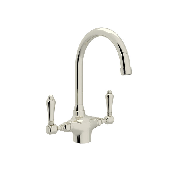 San Julio Single Hole C-Spout Kitchen Faucet - Polished Nickel with Metal Lever Handle | Model Number: A1676LMPN-2 - Product Knockout