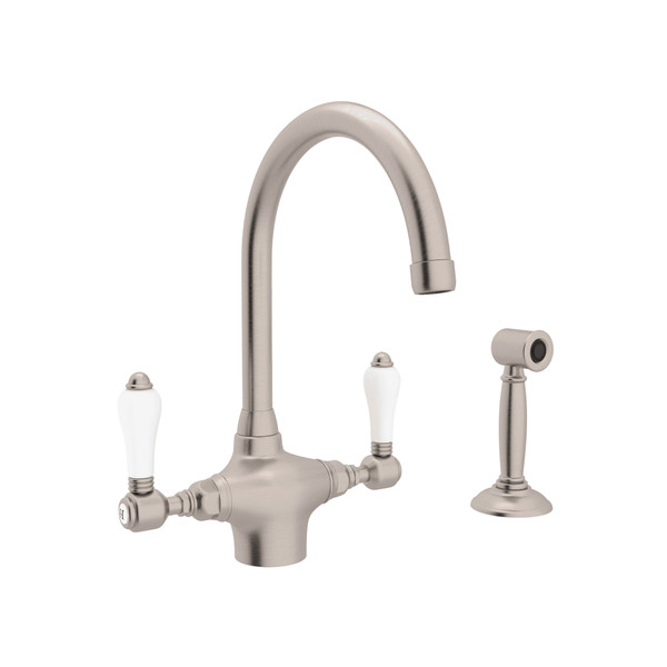 San Julio Single Hole C-Spout Kitchen Faucet with Sidespray - Satin Nickel with White Porcelain Lever Handle | Model Number: A1676LPWSSTN-2 - Product Knockout