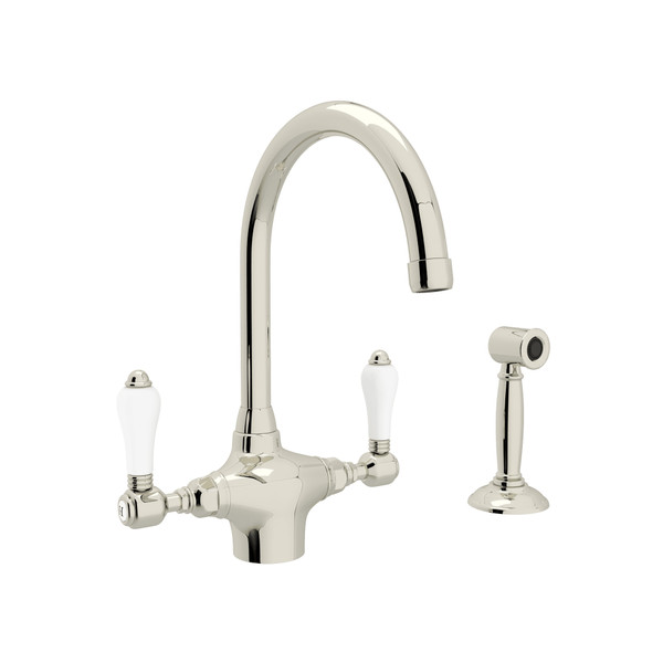 San Julio Single Hole C-Spout Kitchen Faucet with Sidespray - Polished Nickel with White Porcelain Lever Handle | Model Number: A1676LPWSPN-2 - Product Knockout