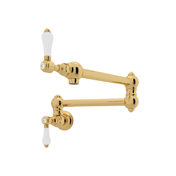 Wall Mount Swing Arm Pot Filler - Unlacquered Brass with White Porcelain Lever Handle | Model Number: A1451LPULB-2 - Product Knockout