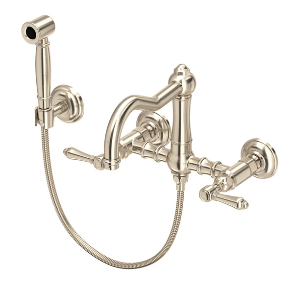 Acqui® Wall Mount Bridge Kitchen Faucet With Sidespray And Column Spout - Satin Nickel | Model Number: A1456LMWSSTN-2