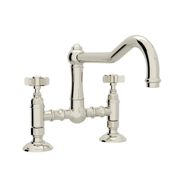 Acqui Deck Mount Column Spout Bridge Kitchen Faucet - Polished Nickel with Five Spoke Cross Handle | Model Number: A1459XPN-2 - Product Knockout