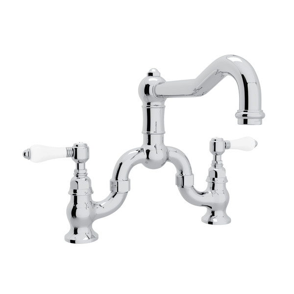 Acqui Deck Mount Column Spout Bridge Kitchen Faucet - Polished Chrome with White Porcelain Lever Handle | Model Number: A1420LPAPC-2 - Product Knockout