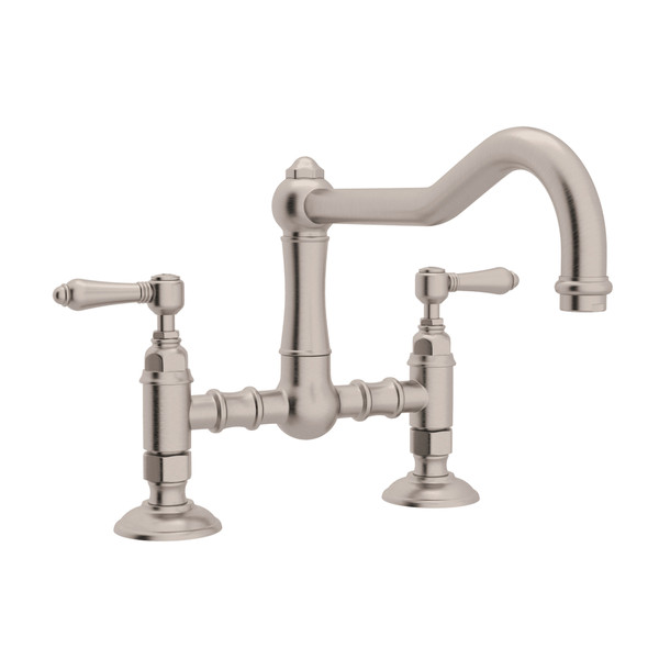 Acqui Deck Mount Column Spout Bridge Kitchen Faucet - Satin Nickel with Metal Lever Handle | Model Number: A1459LMSTN-2 - Product Knockout