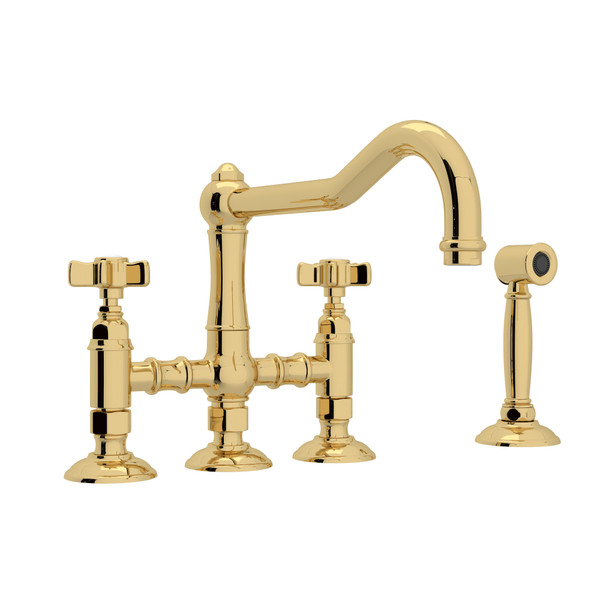 Acqui Deck Mount Column Spout 3 Leg Bridge Kitchen Faucet with Sidespray - Unlacquered Brass with Five Spoke Cross Handle | Model Number: A1458XWSULB-2 - Product Knockout