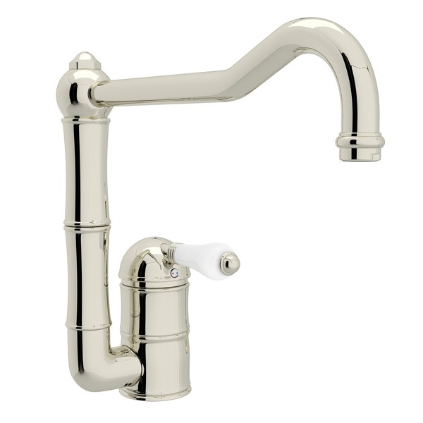 Acqui Single Hole Column Spout Kitchen Faucet with Extended Spout - Polished Nickel with White Porcelain Lever Handle | Model Number: A3608/11LPPN-2 - Product Knockout