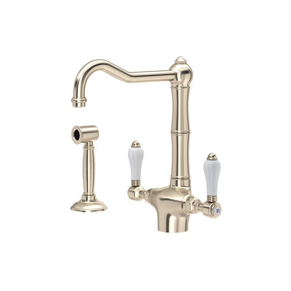 Acqui Single Hole Column Spout Kitchen Faucet with Sidespray - Satin Nickel with White Porcelain Lever Handle | Model Number: A1679LPWSSTN-2 - Product Knockout