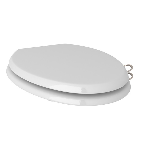 Elongated Gloss White Easy Close Toilet Seat with Installed Sanitary Handles - Satin Nickel | Model Number: RS2872KIT1-STN - Product Knockout