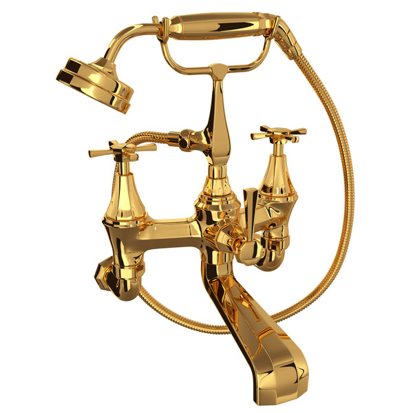 Deco Exposed Wall Mount Tub Filler with Handshower - English Gold with Cross Handle | Model Number: U.3111X/1-EG - Product Knockout