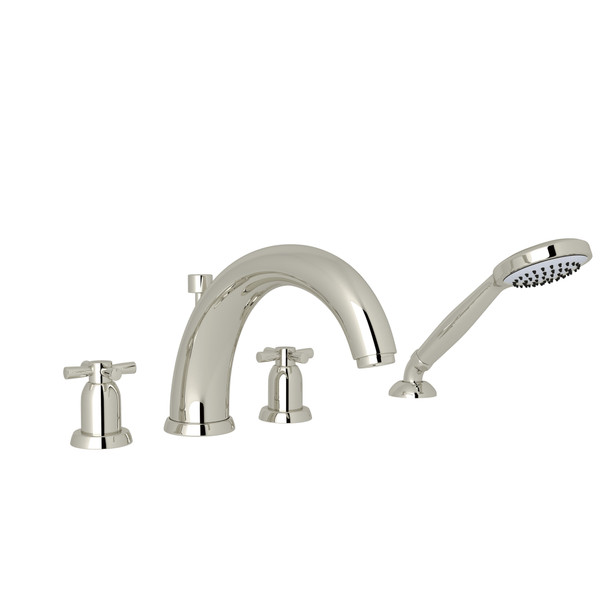 Holborn 4-Hole Deck Mount Modified C-Spout Bathtub Filler with Handshower - Polished Nickel with Cross Handle | Model Number: U.3849X-PN - Product Knockout