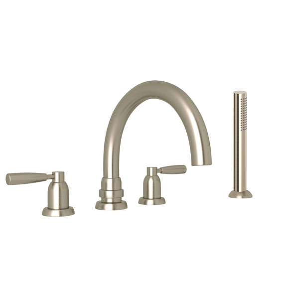 Holborn 4-Hole Deck Mount Tubular C-Spout Bathtub Filler with Handshower - Satin Nickel with Metal Lever Handle | Model Number: U.3975LS-STN - Product Knockout