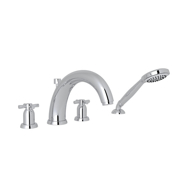Holborn 4-Hole Deck Mount Modified C-Spout Bathtub Filler with Handshower - Polished Chrome with Cross Handle | Model Number: U.3849X-APC - Product Knockout