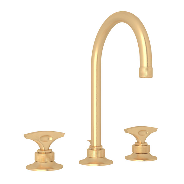 Graceline C-Spout Widespread Bathroom Faucet - Satin Brass with Metal Dial Handle | Model Number: MB2019DMSTB-2 - Product Knockout