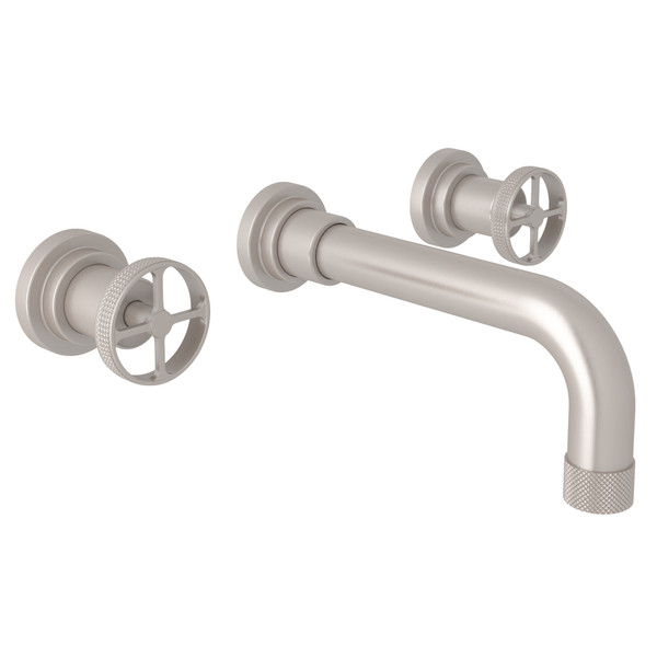 Campo Wall Mount Widespread Bathroom Faucet - Satin Nickel with Industrial Metal Wheel Handle | Model Number: A3307IWSTNTO-2 - Product Knockout