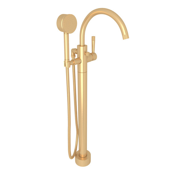 Graceline Floor Mount Tub Filler - Satin Brass with Metal Lever Handle | Model Number: MB2033LMSTBTO - Product Knockout