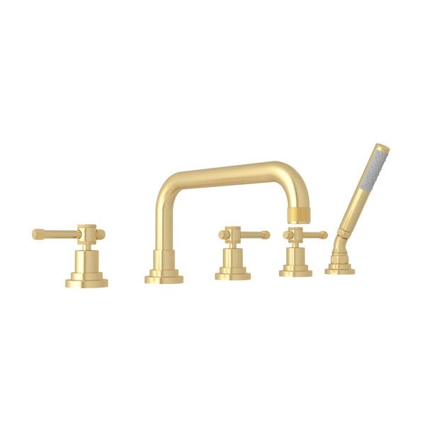 Campo 5-Hole Deck Mount Tub Filler - Satin Unlacquered Brass with Industrial Metal Lever Handle | Model Number: A3314ILSUB - Product Knockout