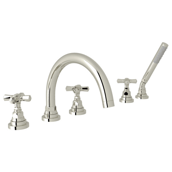 San Giovanni 5-Hole Deck Mount Tub Filler - Polished Nickel with Cross Handle | Model Number: A2314XMPN - Product Knockout