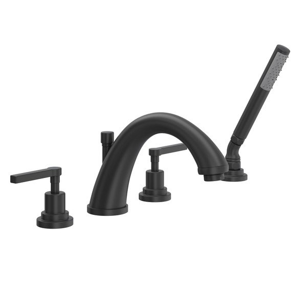 Lombardia 4-Hole Deck Mount C-Spout Tub Filler with Handshower - Matte Black with Metal Lever Handle | Model Number: A1264LMMB - Product Knockout