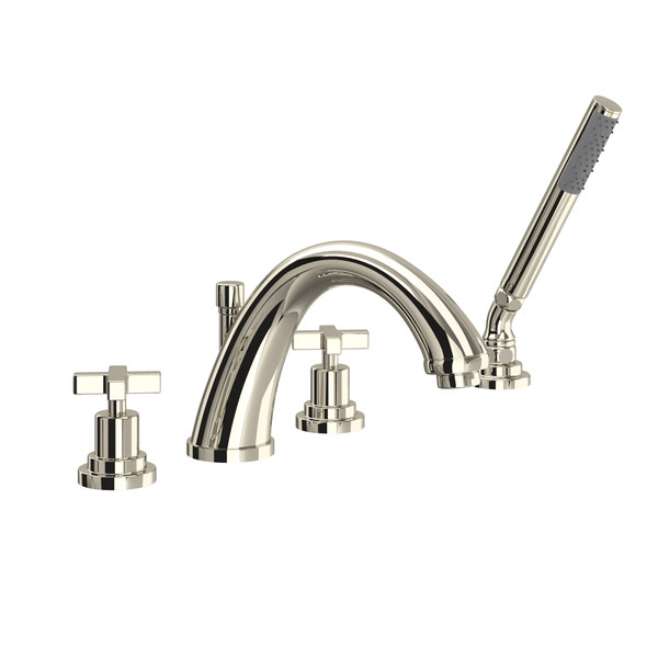 Lombardia 4-Hole Deck Mount C-Spout Tub Filler with Handshower - Polished Nickel with Cross Handle | Model Number: A1264XMPN - Product Knockout