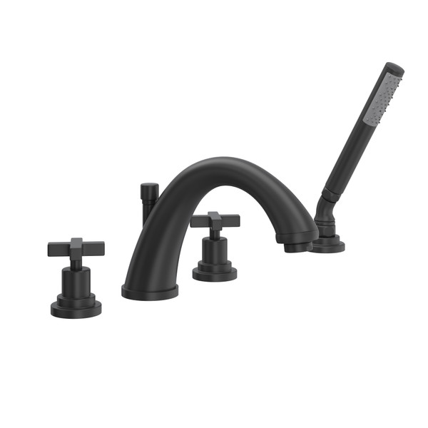 Lombardia 4-Hole Deck Mount C-Spout Tub Filler with Handshower - Matte Black with Cross Handle | Model Number: A1264XMMB - Product Knockout