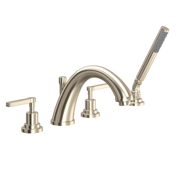Lombardia 4-Hole Deck Mount C-Spout Tub Filler with Handshower - Satin Nickel with Metal Lever Handle | Model Number: A1264LMSTN - Product Knockout