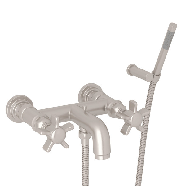 San Giovanni Wall Mount Exposed Tub Filler with Handshower - Satin Nickel with Five Spoke Cross Handle | Model Number: A2302XSTN - Product Knockout