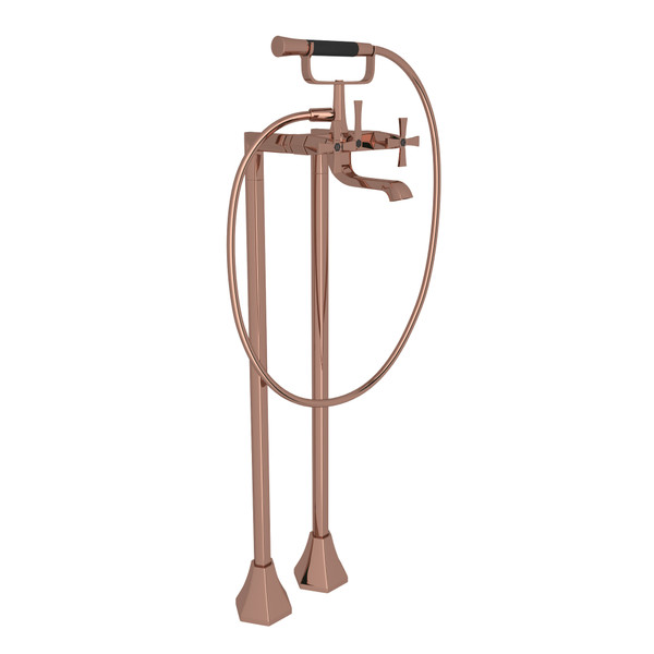 Bellia Exposed Floor Mount Tub Filler with Handshower and Floor Pillar Legs or Supply Unions - Rose Gold with Cross Handle | Model Number: BE420X-RG - Product Knockout