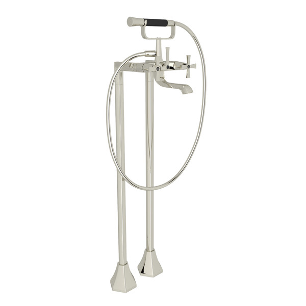 Bellia Exposed Floor Mount Tub Filler with Handshower and Floor Pillar Legs or Supply Unions - Polished Nickel with Cross Handle | Model Number: BE420X-PN - Product Knockout
