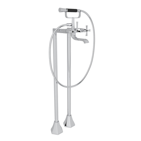 Bellia Exposed Floor Mount Tub Filler with Handshower and Floor Pillar Legs or Supply Unions - Polished Chrome with Cross Handle | Model Number: BE420X-APC - Product Knockout