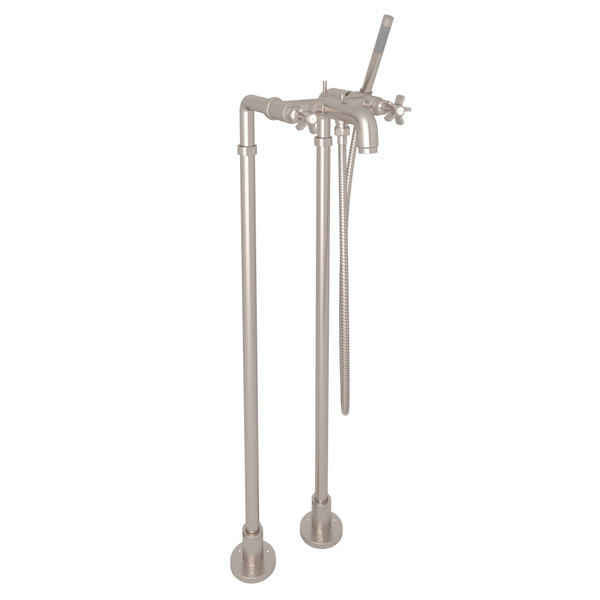 San Giovanni Exposed Floor Mount Tub Filler with Handshower and Floor Pillar Legs or Supply Unions - Satin Nickel with Five Spoke Cross Handle | Model Number: AKIT2302NXSTN - Product Knockout