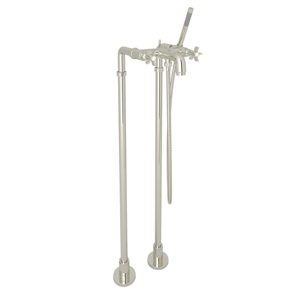 San Giovanni Exposed Floor Mount Tub Filler with Handshower and Floor Pillar Legs or Supply Unions - Polished Nickel with Five Spoke Cross Handle | Model Number: AKIT2302NXPN - Product Knockout