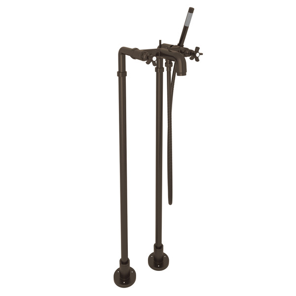 San Giovanni Exposed Floor Mount Tub Filler with Handshower and Floor Pillar Legs or Supply Unions - Tuscan Brass with Five Spoke Cross Handle | Model Number: AKIT2302NXTCB - Product Knockout