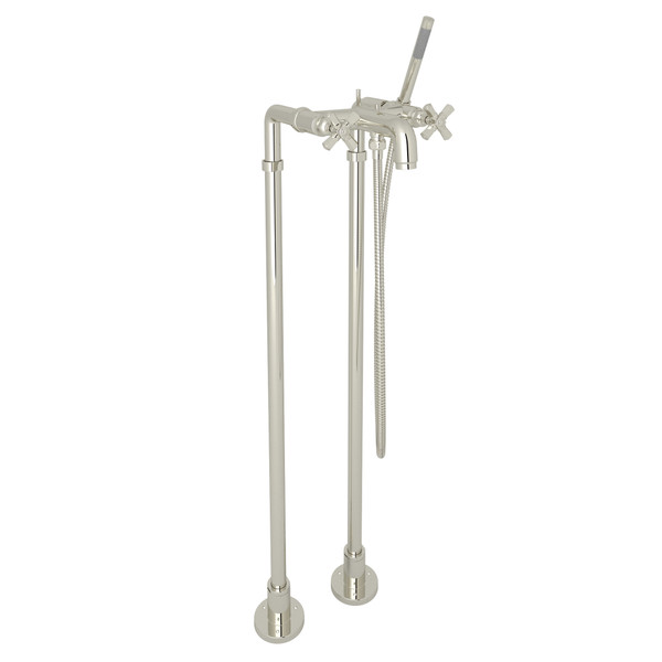 San Giovanni Exposed Floor Mount Tub Filler with Handshower and Floor Pillar Legs or Supply Unions - Polished Nickel with Cross Handle | Model Number: AKIT2302NXMPN - Product Knockout