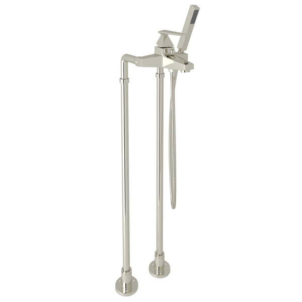 Vincent Exposed Floor Mount Tub Filler with Handshower and Floor Pillar Legs or Supply Unions - Polished Nickel with Metal Lever Handle | Model Number: AKIT3001NLVPN - Product Knockout