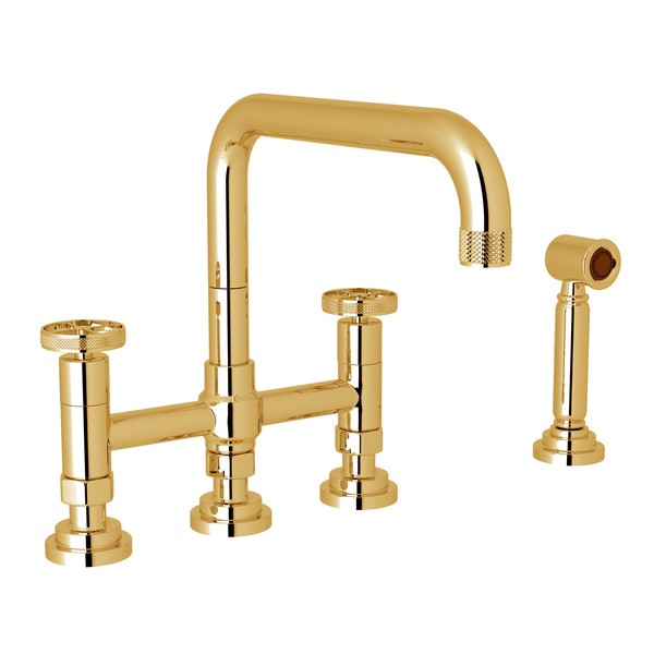 Campo Deck Mount U-Spout 3 Leg Bridge Faucet with Sidespray - Italian Brass with Industrial Metal Wheel Handle | Model Number: A3358IWWSIB-2 - Product Knockout