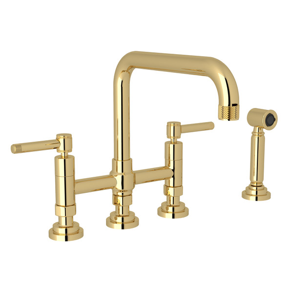 Campo Deck Mount U-Spout 3 Leg Bridge Faucet with Sidespray - Unlacquered Brass with Industrial Metal Lever Handle | Model Number: A3358ILWSULB-2 - Product Knockout