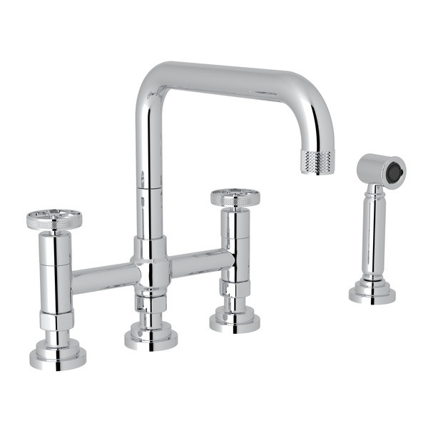 Campo Deck Mount U-Spout 3 Leg Bridge Faucet with Sidespray - Polished Chrome with Industrial Metal Wheel Handle | Model Number: A3358IWWSAPC-2 - Product Knockout