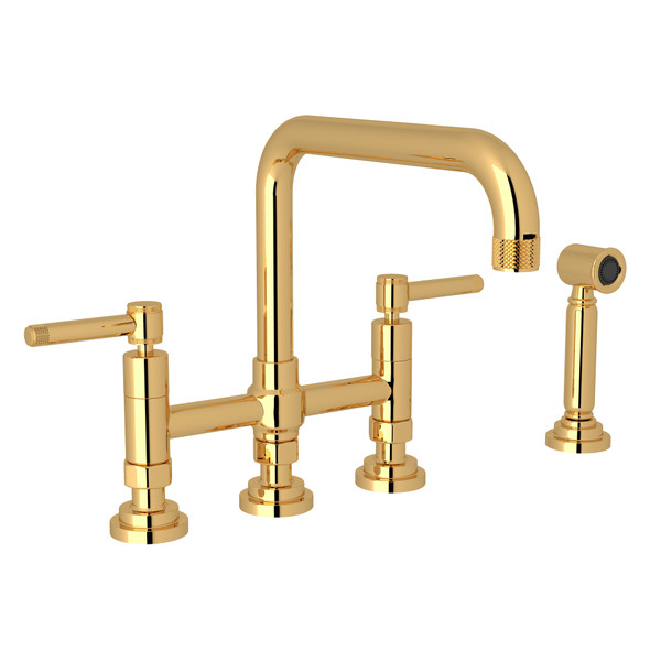 Campo Deck Mount U-Spout 3 Leg Bridge Faucet with Sidespray - Italian Brass with Industrial Metal Lever Handle | Model Number: A3358ILWSIB-2 - Product Knockout