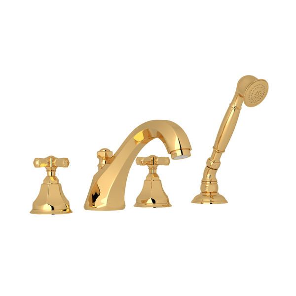 Palladian 4-Hole Deck Mount Tub Filler with Handshower - Italian Brass with Cross Handle | Model Number: A1904XMIB - Product Knockout
