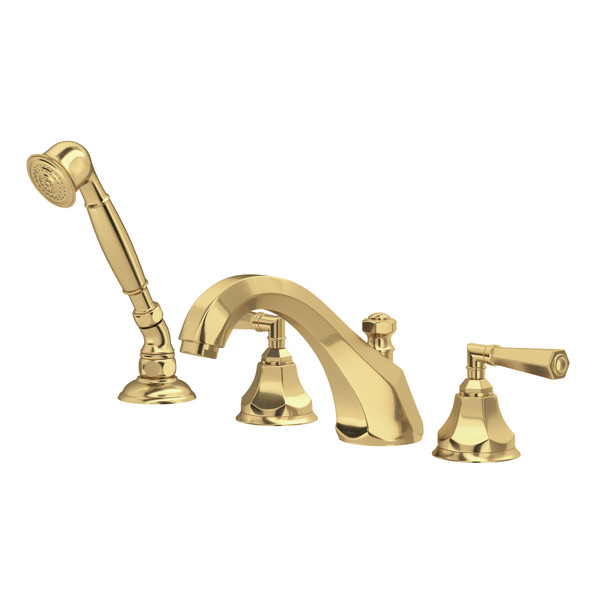 Palladian 4-Hole Deck Mount Tub Filler with Handshower - Satin Unlacquered Brass with Metal Lever Handle | Model Number: A1904LMSUB - Product Knockout