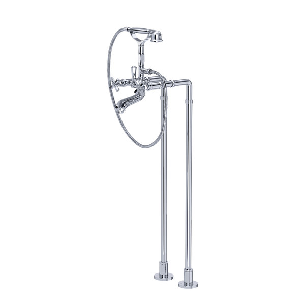 Palladian Exposed Floor Mount Tub Filler with Handshower and Floor Pillar Legs or Supply Unions - Polished Chrome with Cross Handle | Model Number: AKIT1901NXMAPC - Product Knockout