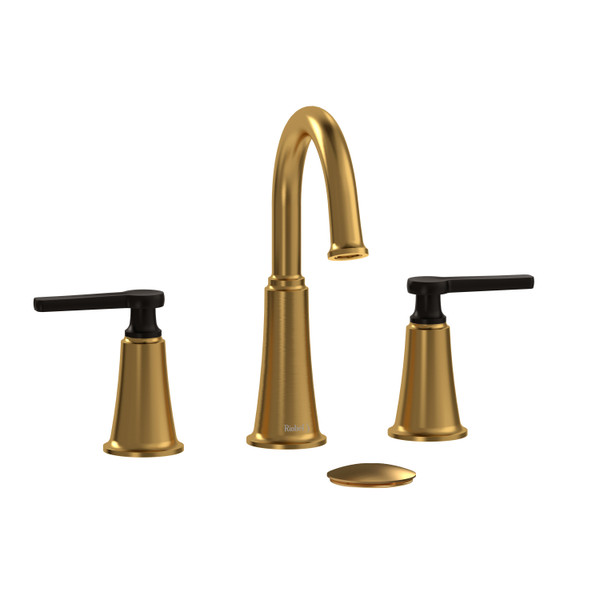 Momenti Widespread Lavatory Faucet with C-Spout  - Brushed Gold and Black with J-Shaped Handles | Model Number: MMRD08JBGBK - Product Knockout