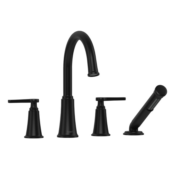 Momenti 4-Hole Deck Mount Tub Filler with C-Spout  - Black with J-Shaped Handles | Model Number: MMRD12JBK - Product Knockout