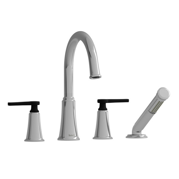 Momenti 4-Hole Deck Mount Tub Filler with C-Spout  - Chrome and Black with J-Shaped Handles | Model Number: MMRD12JCBK - Product Knockout