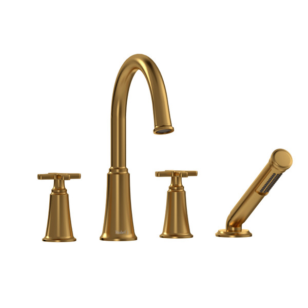 Momenti 4-Hole Deck Mount Tub Filler with C-Spout  - Brushed Gold with X-Shaped Handles | Model Number: MMRD12XBG - Product Knockout