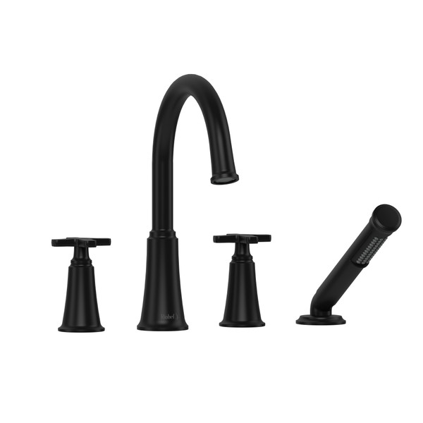 Momenti 4-Hole Deck Mount Tub Filler with C-Spout  - Black with X-Shaped Handles | Model Number: MMRD12XBK - Product Knockout