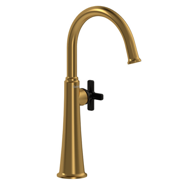 Momenti Single Handle Tall Lavatory Faucet with C-Spout  - Brushed Gold and Black with X-Shaped Handles | Model Number: MMRDL01XBGBK - Product Knockout