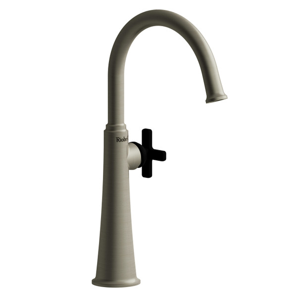 Momenti Single Handle Tall Lavatory Faucet with C-Spout  - Brushed Nickel and Black with X-Shaped Handles | Model Number: MMRDL01XBNBK - Product Knockout